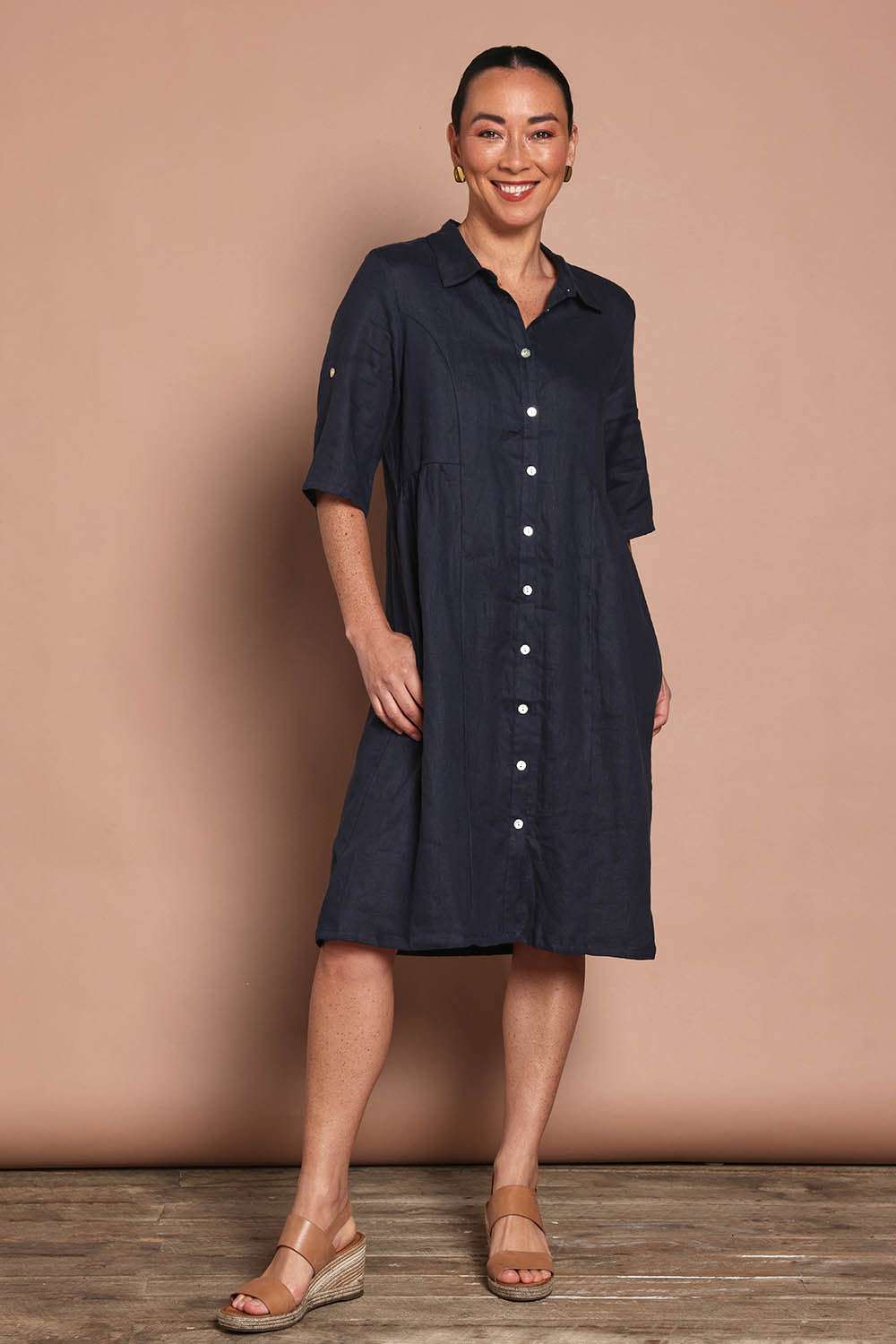 Model Katie wearing size 10 of the Linen Shirt Maker Dress in colour Navy (Blue), from the front, showing the whole outfit