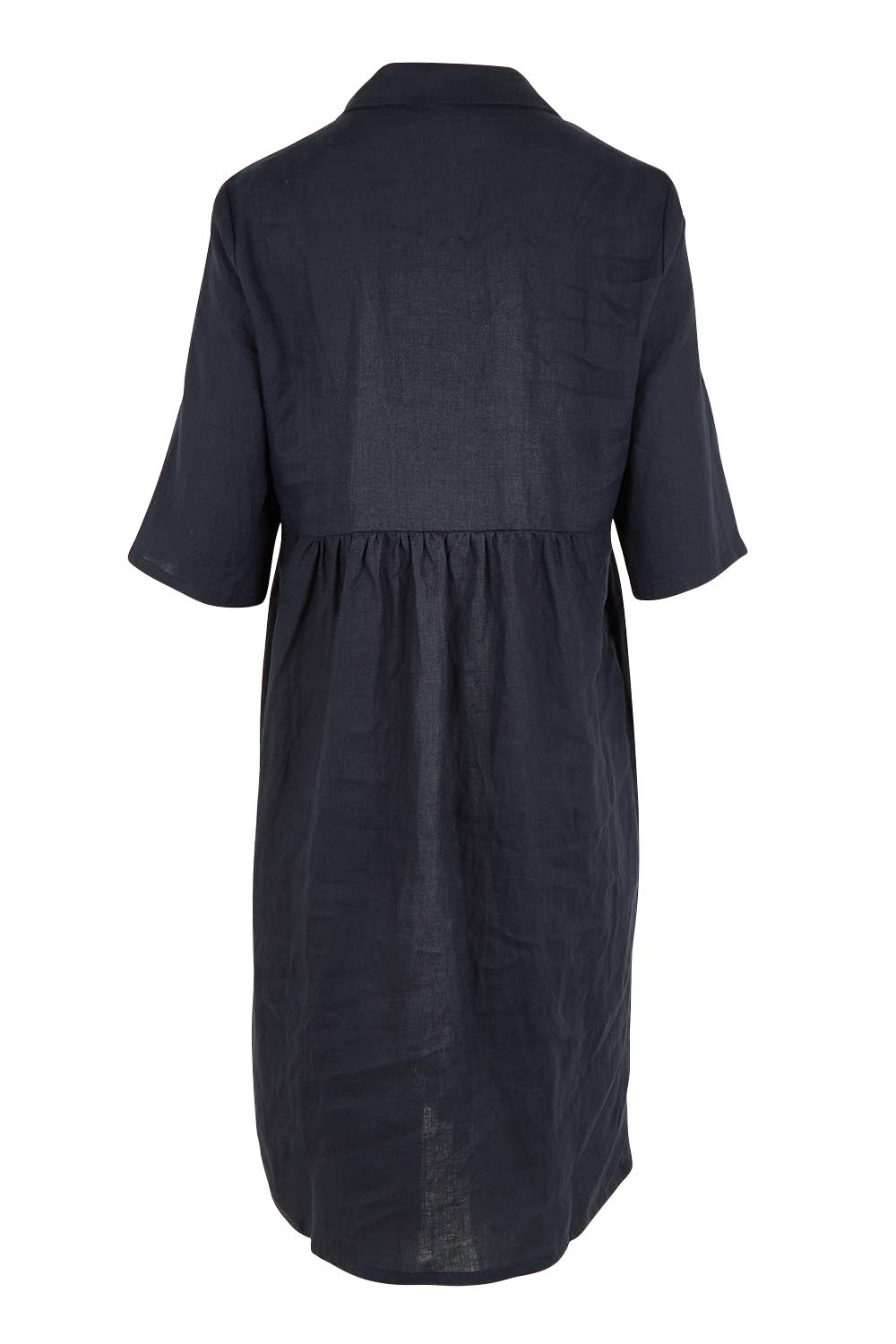Product shot of the Linen Shirt Maker Dress in colour Navy (Blue), from the back
