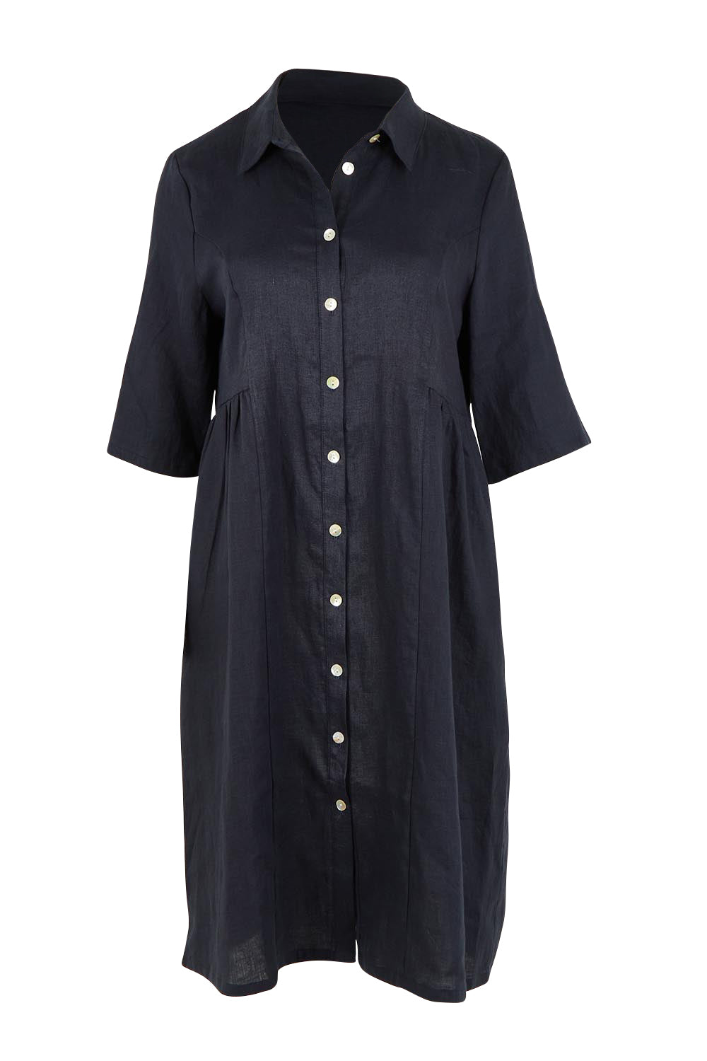 Product shot of the Linen Shirt Maker Dress in colour Navy (Blue), from the front
