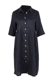 Product shot of the Linen Shirt Maker Dress in colour Navy (Blue), from the front