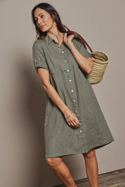 Model Amanda wearing size 10 of the Linen Shirt Maker Dress in colour Olive (Green), from the front, cropped image