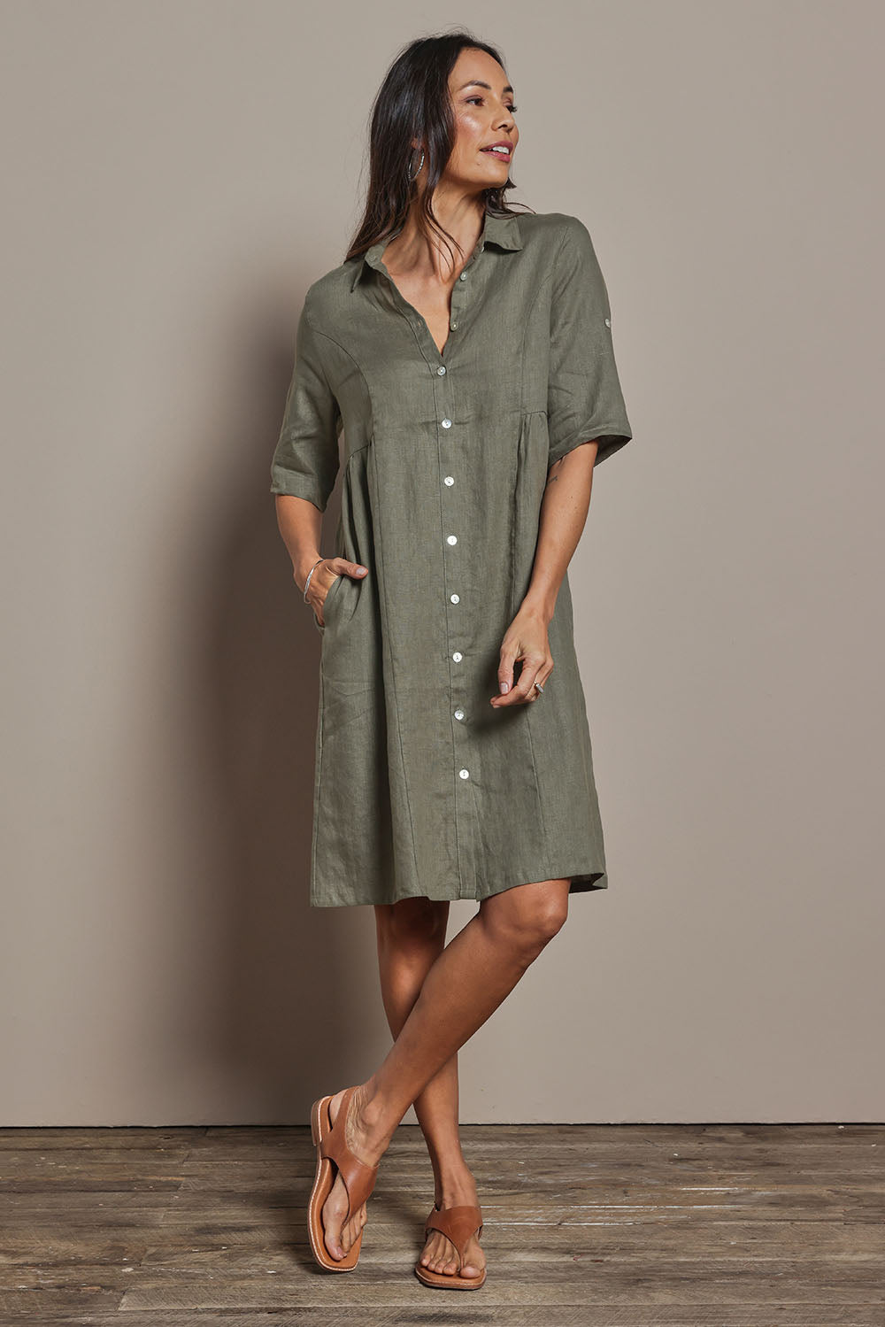Model Amanda wearing size 10 of the Linen Shirt Maker Dress in colour Olive (Green), from the front, showing the whole outfit