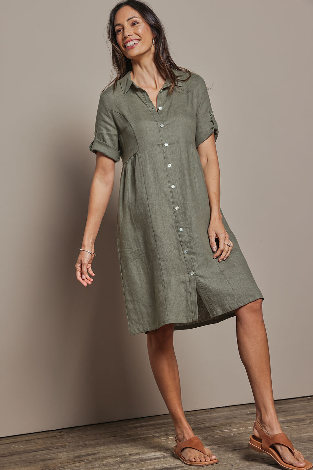 Model Amanda wearing size 10 of the Linen Shirt Maker Dress in colour Olive (Green), from the front, showing the whole outfit