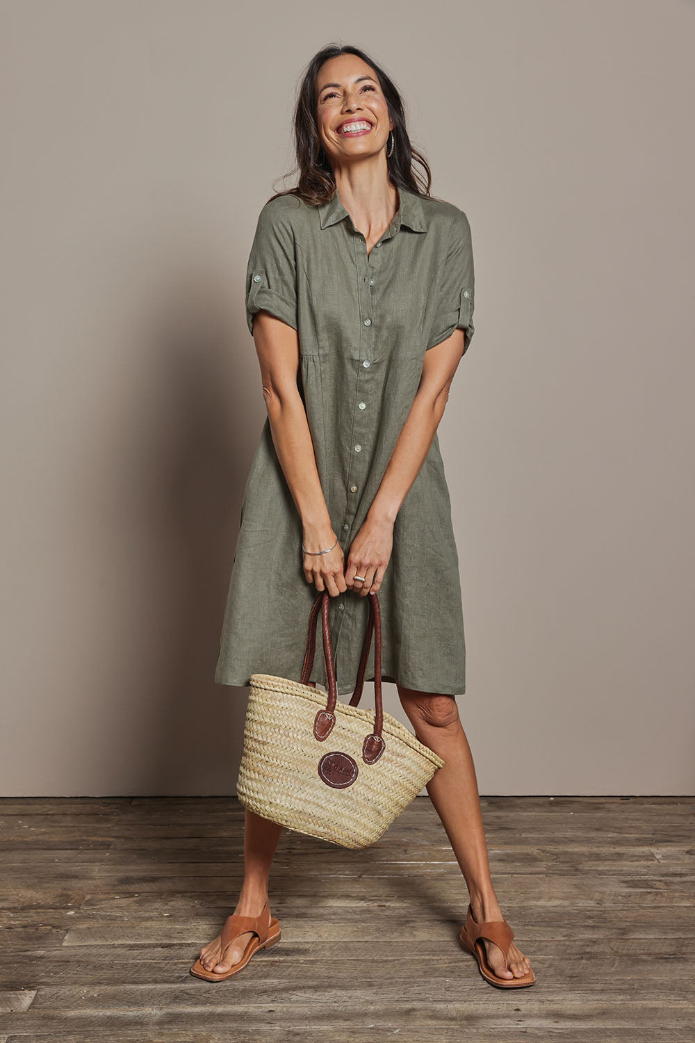 Model Amanda wearing size 10 of the Linen Shirt Maker Dress in colour Olive (Green), from the front, showing the whole outfit