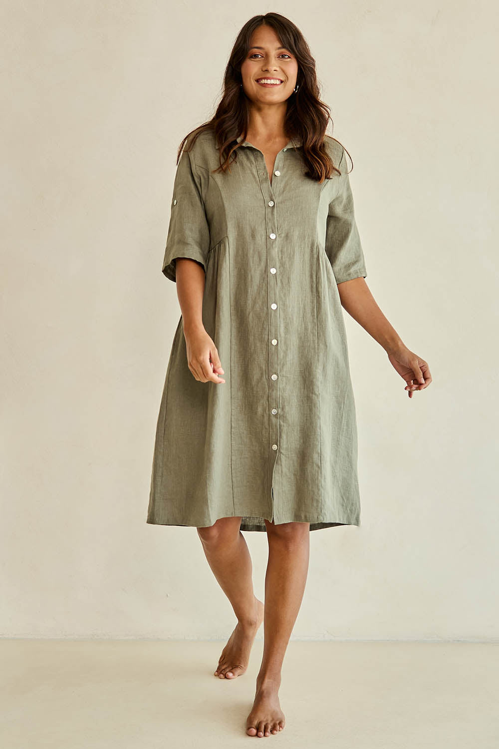 Linen Shirt Maker Dress - Olive