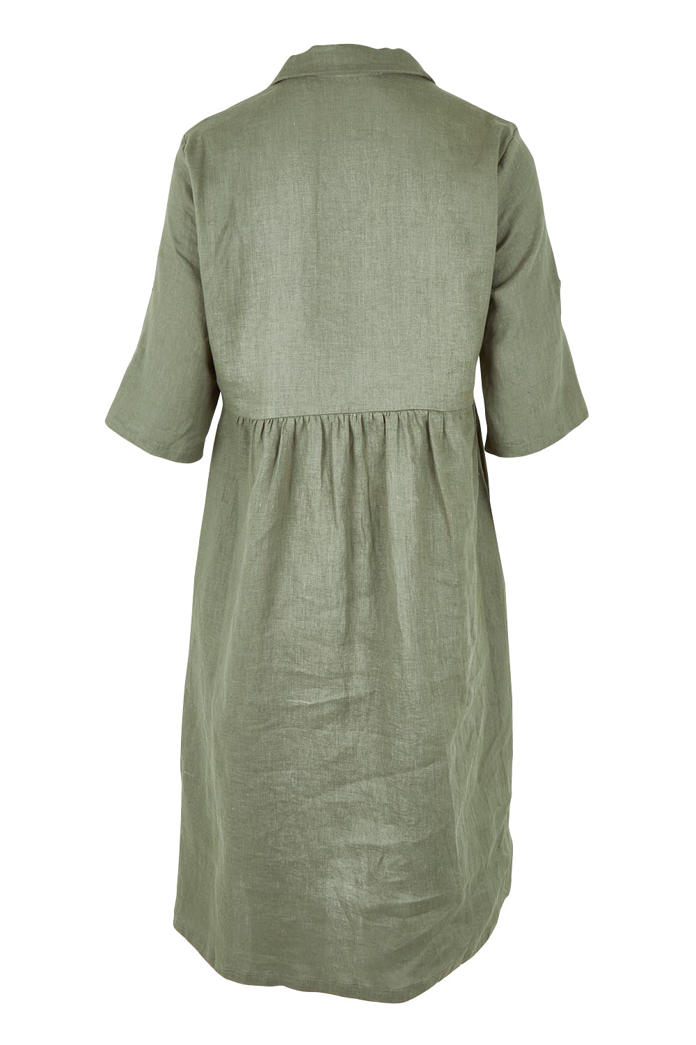 Product shot of the Linen Shirt Maker Dress in colour Olive (Green), from the back