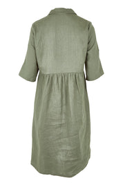 Product shot of the Linen Shirt Maker Dress in colour Olive (Green), from the back