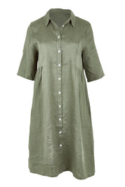 Product shot of the Linen Shirt Maker Dress in colour Olive (Green), detail