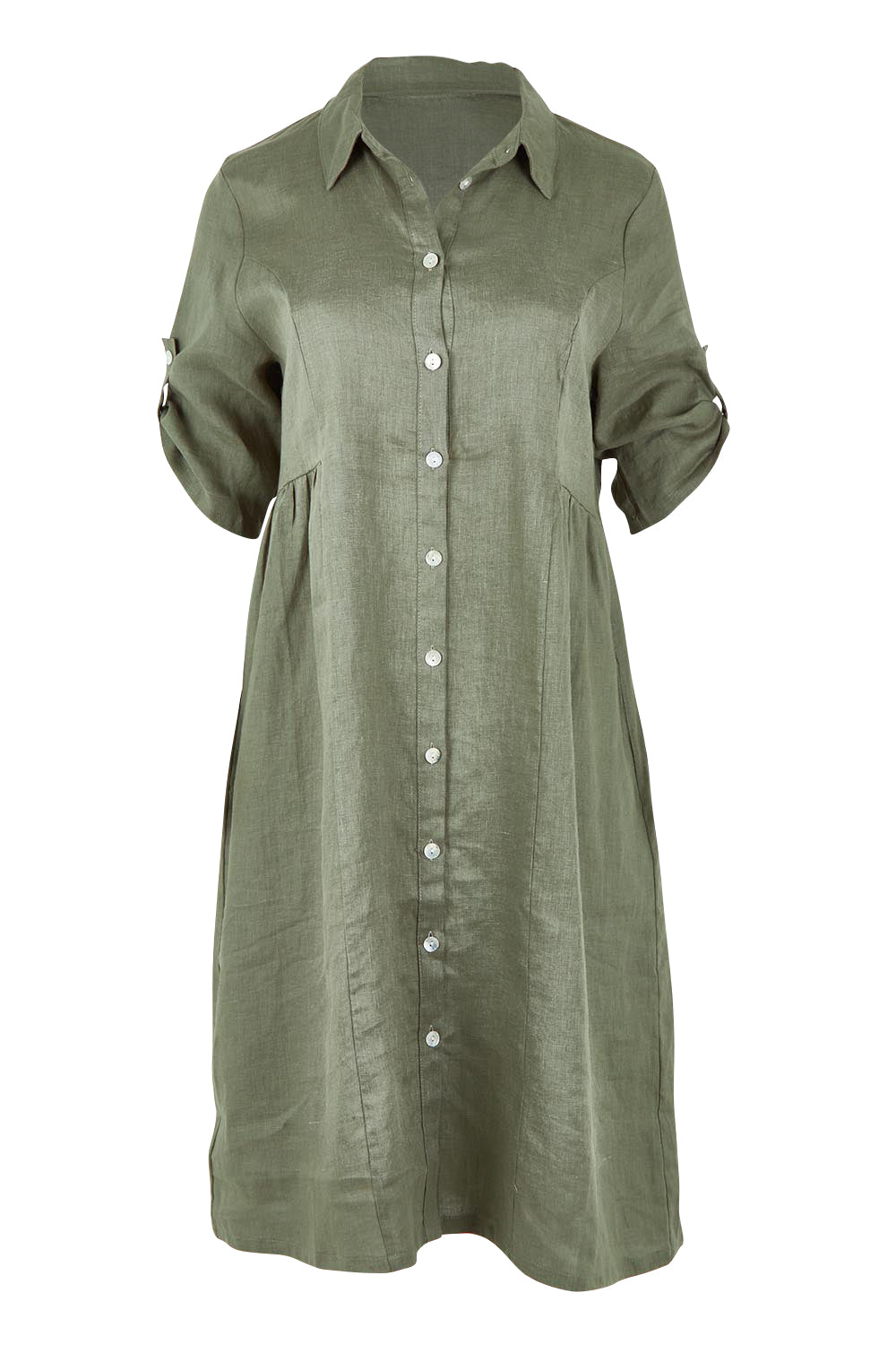 Product shot of the Linen Shirt Maker Dress in colour Olive (Green), from the front
