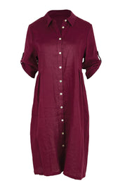Product shot of the Linen Shirt Maker Dress – Plum in colour Plum, showing detail