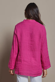 Model Amanda wearing size 10 of the Linen Extra Soft Relaxed Shirt in colour Pink (Pink), from the back