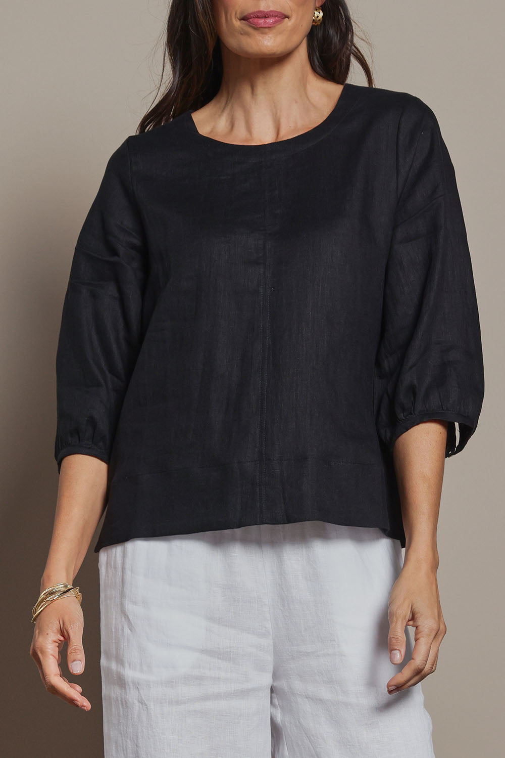 Model Amanda wearing size 10 of the Linen 3/4 Sleeve Top in colour Black (Black), from the front, cropped image