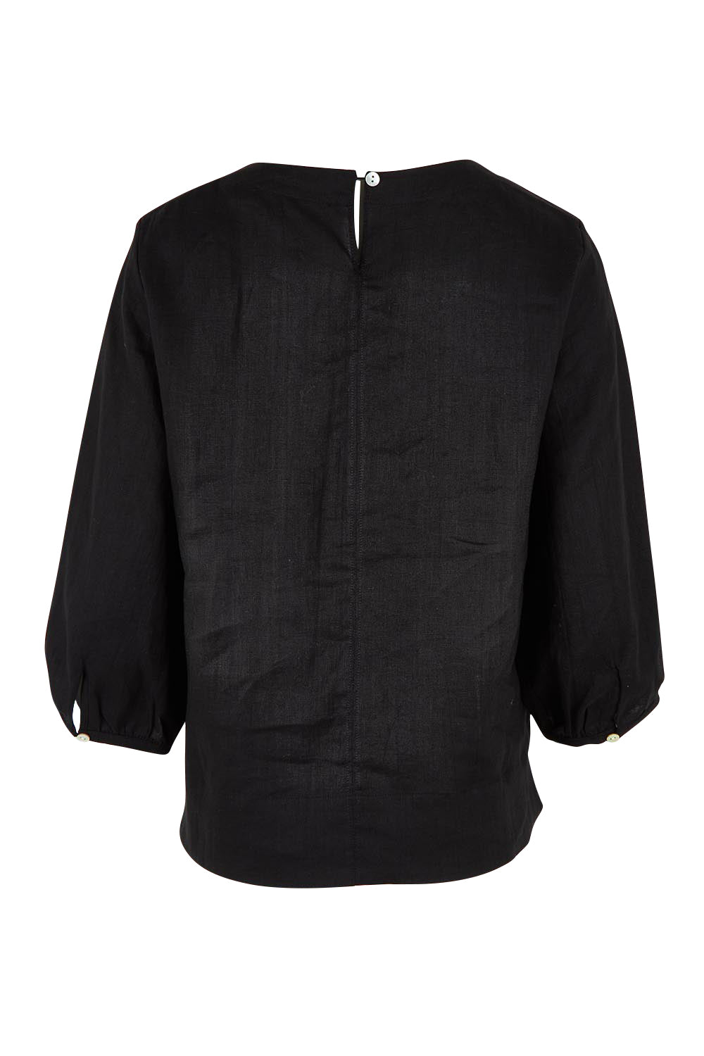 Product shot of the Linen 3/4 Sleeve Top in colour Black (Black), from the back