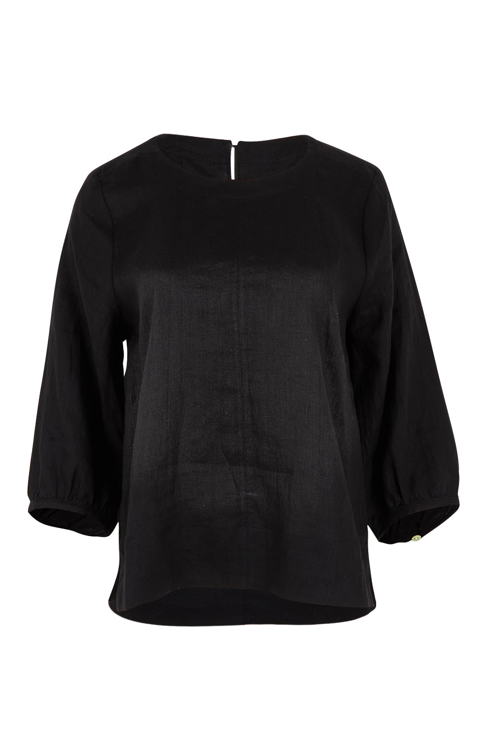 Product shot of the Linen 3/4 Sleeve Top in colour Black (Black), from the front