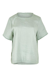 Product shot of the Linen Short Sleeve Top in colour Seafoam (Green), from the front