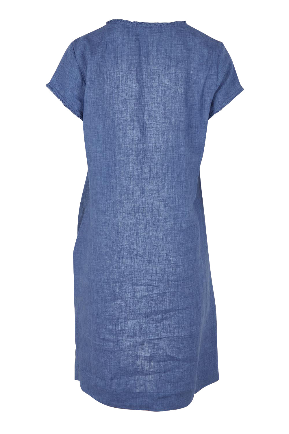 Product shot of the Linen V Neck Shift Dress in colour Denim (Blue), from the back