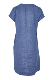 Product shot of the Linen V Neck Shift Dress in colour Denim (Blue), from the back
