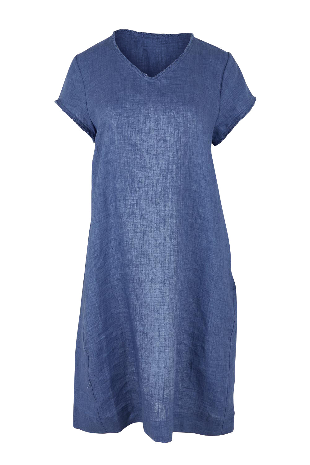 Product shot of the Linen V Neck Shift Dress in colour Denim (Blue), from the front
