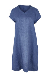 Product shot of the Linen V Neck Shift Dress in colour Denim (Blue), from the front
