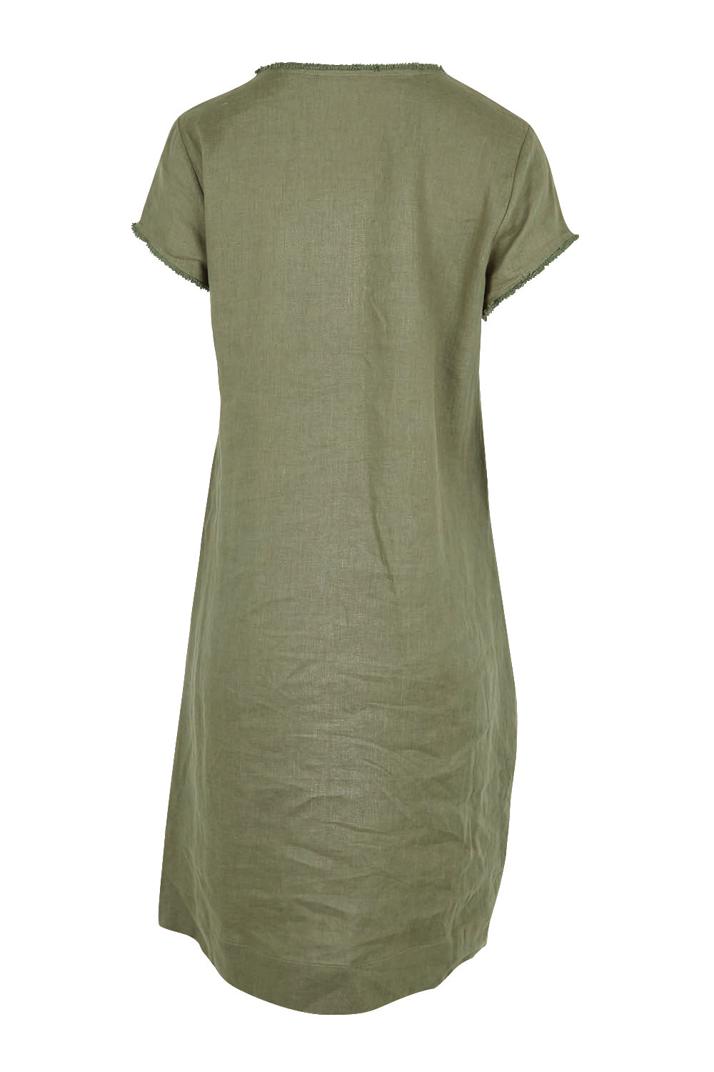 Product shot of the Linen V Neck Shift Dress – Olive in colour Olive, from the back