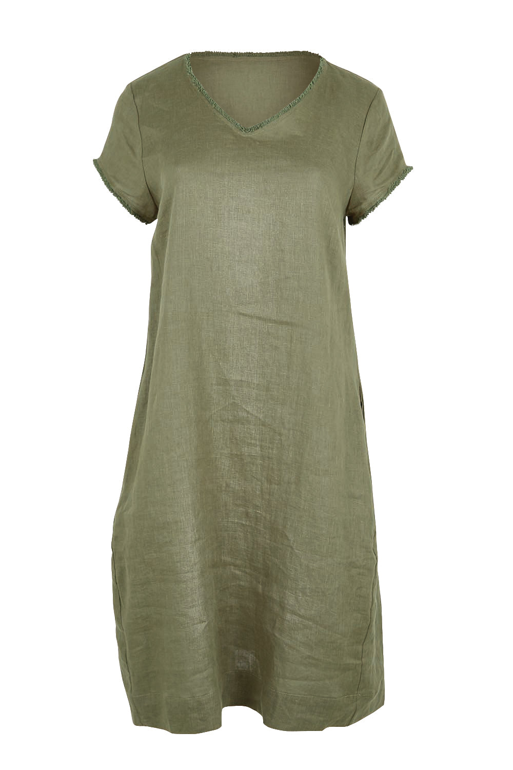 Product shot of the Linen V Neck Shift Dress – Olive in colour Olive, from the front