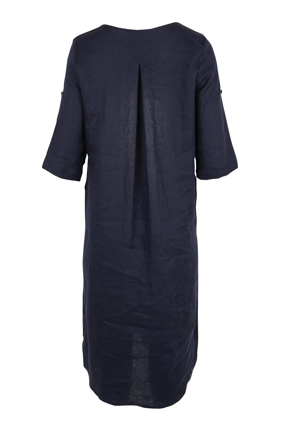 Product shot of the Linen Pocket Dress – Navy in colour Navy, from the back