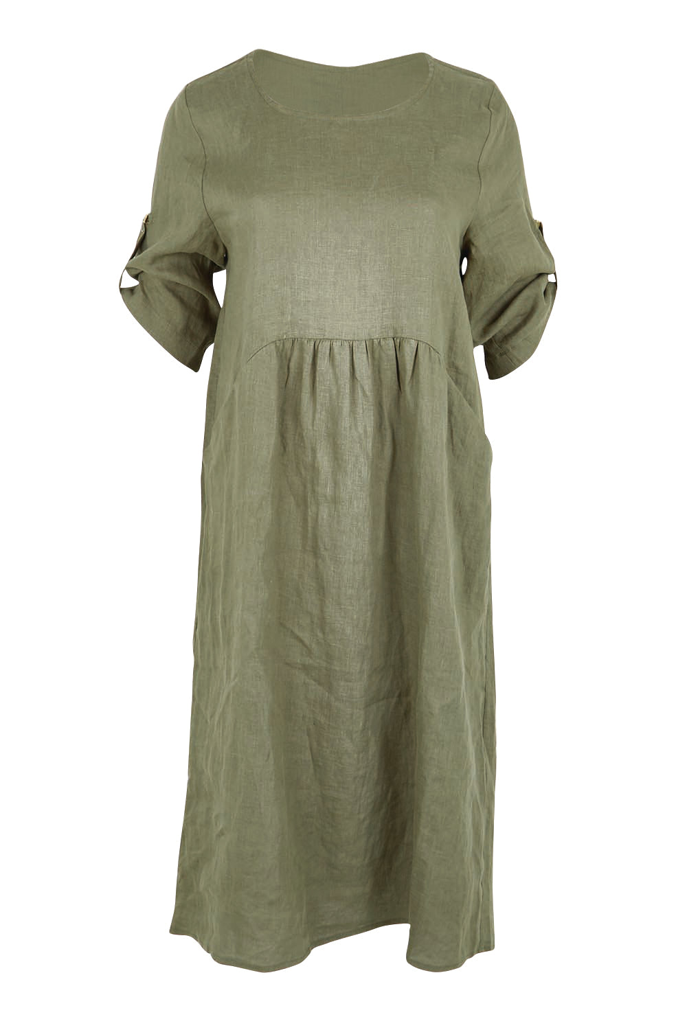Product shot of the Linen Pocket Dress – Olive in colour Olive, showing detail
