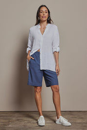 Model Amanda wearing size 10 of the Linen Cotton Pull On Shorts in colour Denim (Blue), from the front, showing the whole outfit