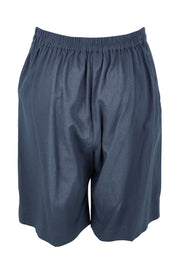 Product shot of the Linen Cotton Pull On Shorts in colour Denim (Blue), from the back