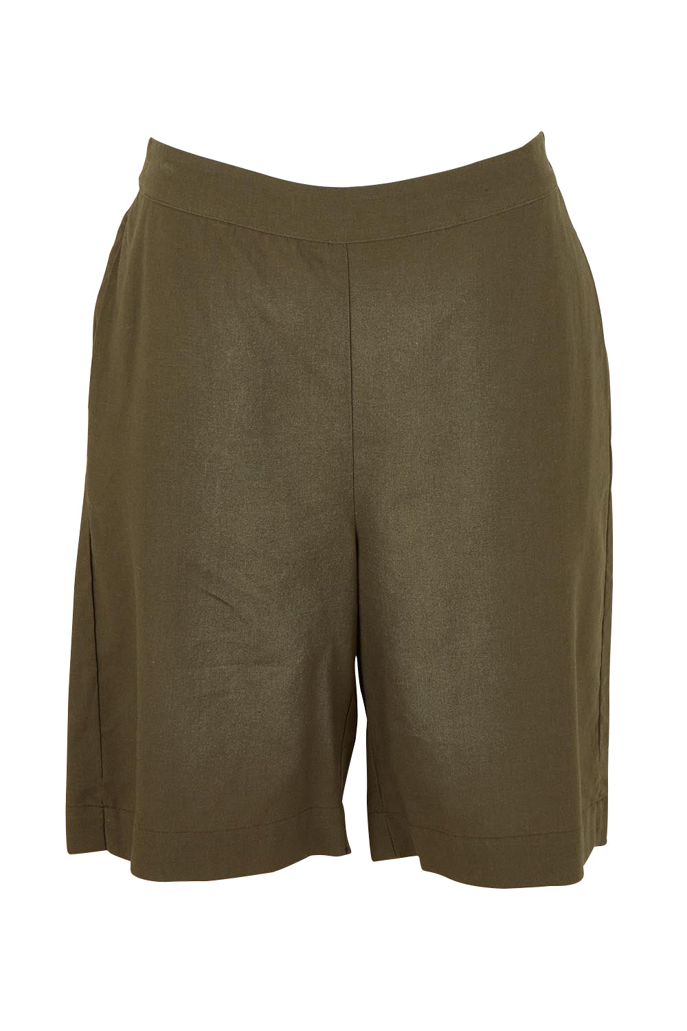 Product shot of the Linen Cotton Pull On Shorts in colour Khaki (Green), from the front