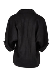 Product shot of the Linen Pleated Sleeve Shirt in colour Black (Black), from the back
