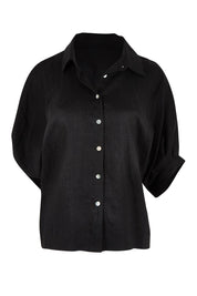 Product shot of the Linen Pleated Sleeve Shirt in colour Black (Black), from the front