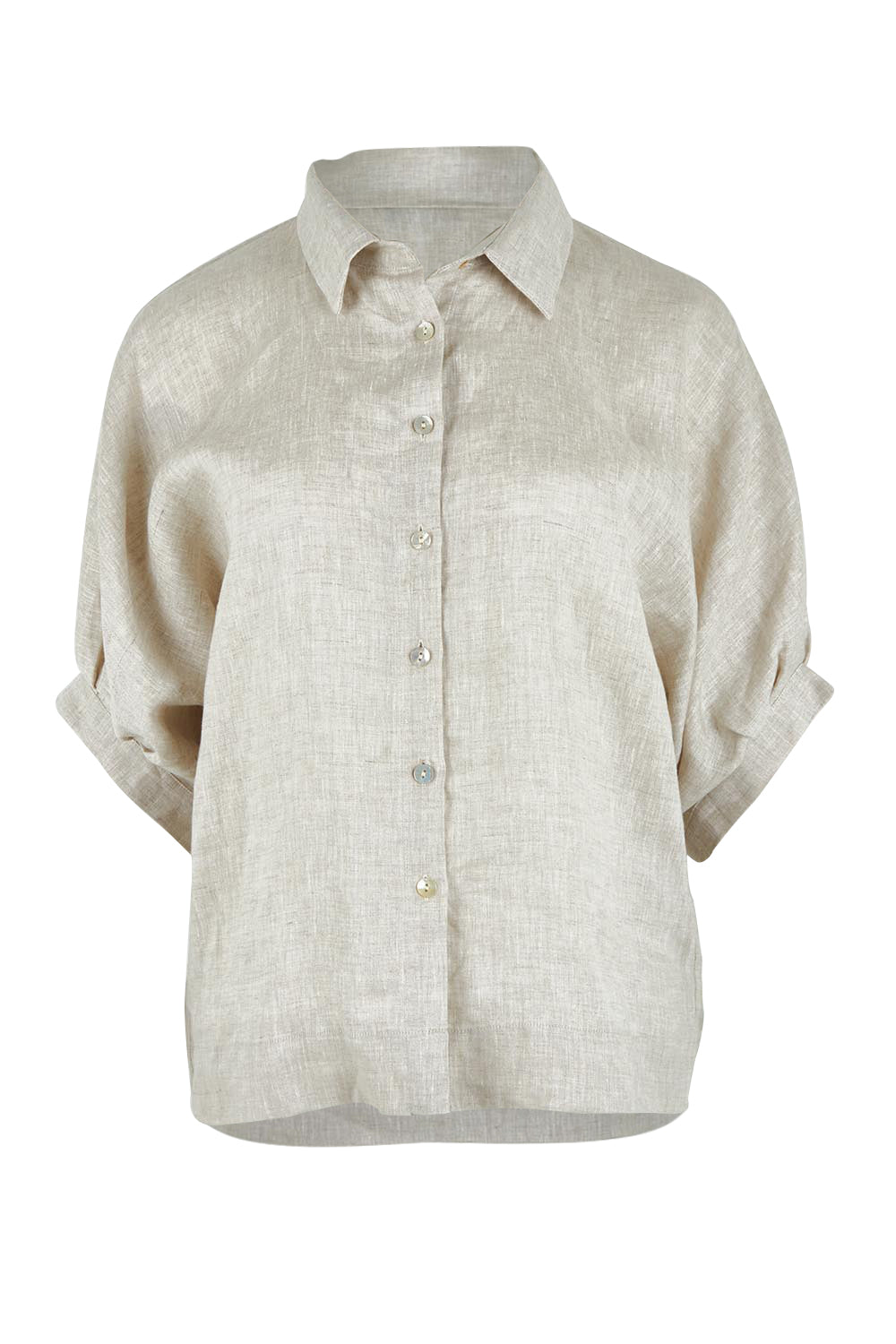 Product shot of the Linen Pleated Sleeve Shirt in colour Natural, from the front