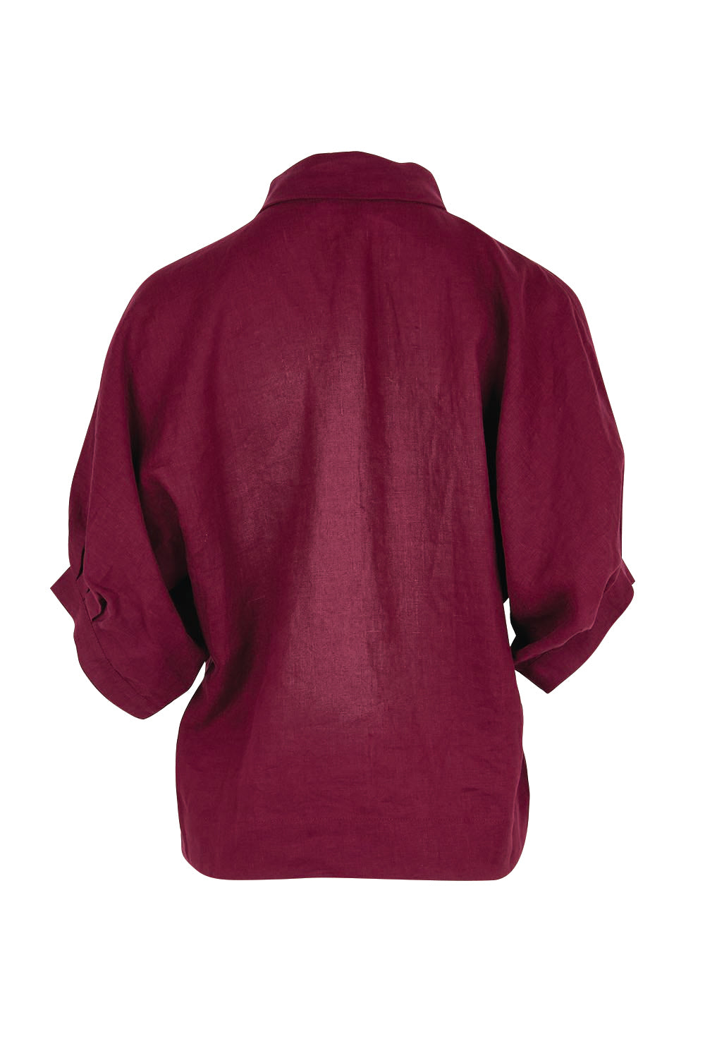 Product shot of the Linen Pleated Sleeve Shirt – Plum in colour Plum, from the back