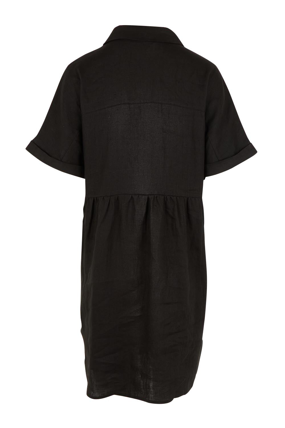 Product shot of the Linen Throw On Dress in colour Black (Black), from the back