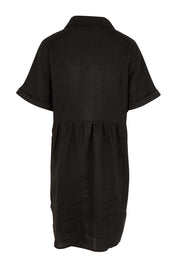 Product shot of the Linen Throw On Dress in colour Black (Black), from the back