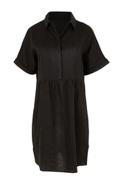 Product shot of the Linen Throw On Dress in colour Black (Black), from the front