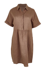 Product shot of the Linen Throw On Dress – Coffee in colour Coffee, from the front