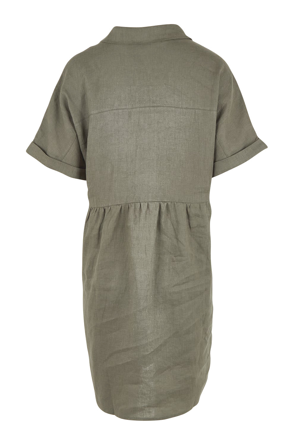 Product shot of the Linen Throw On Dress in colour Olive (Green), from the back
