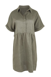 Product shot of the Linen Throw On Dress in colour Olive (Green), from the front