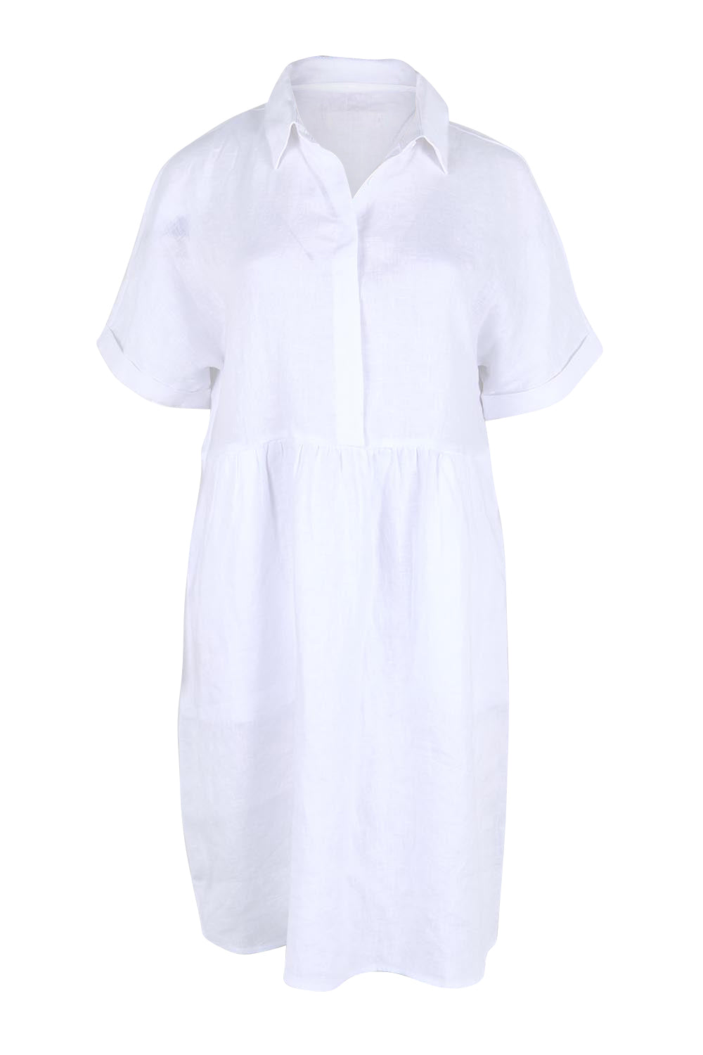 Product shot of the Linen Throw On Dress – White in colour White, from the front