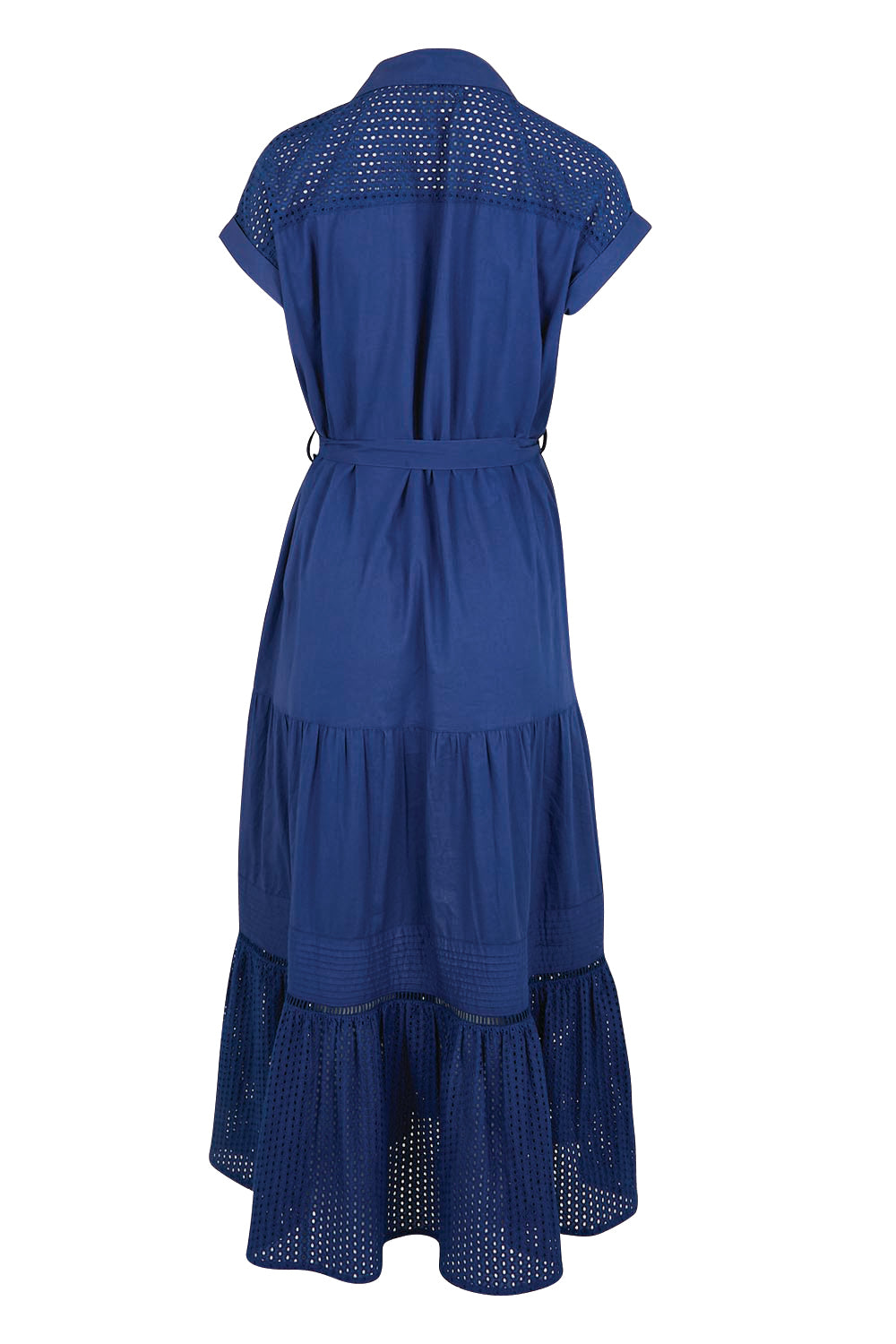 Product shot of the Cotton Broderie Trim Dress – Blue in colour Blue, from the back