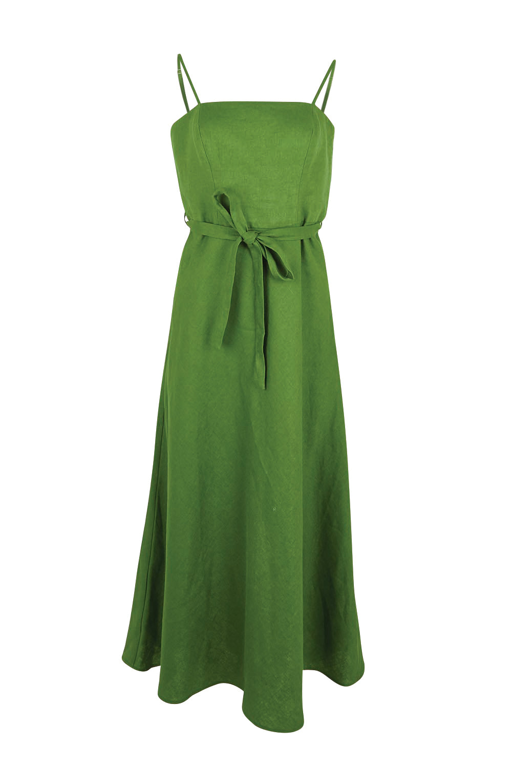 Product shot of the Linen Riviera Maxi – Green in colour Green, from the front