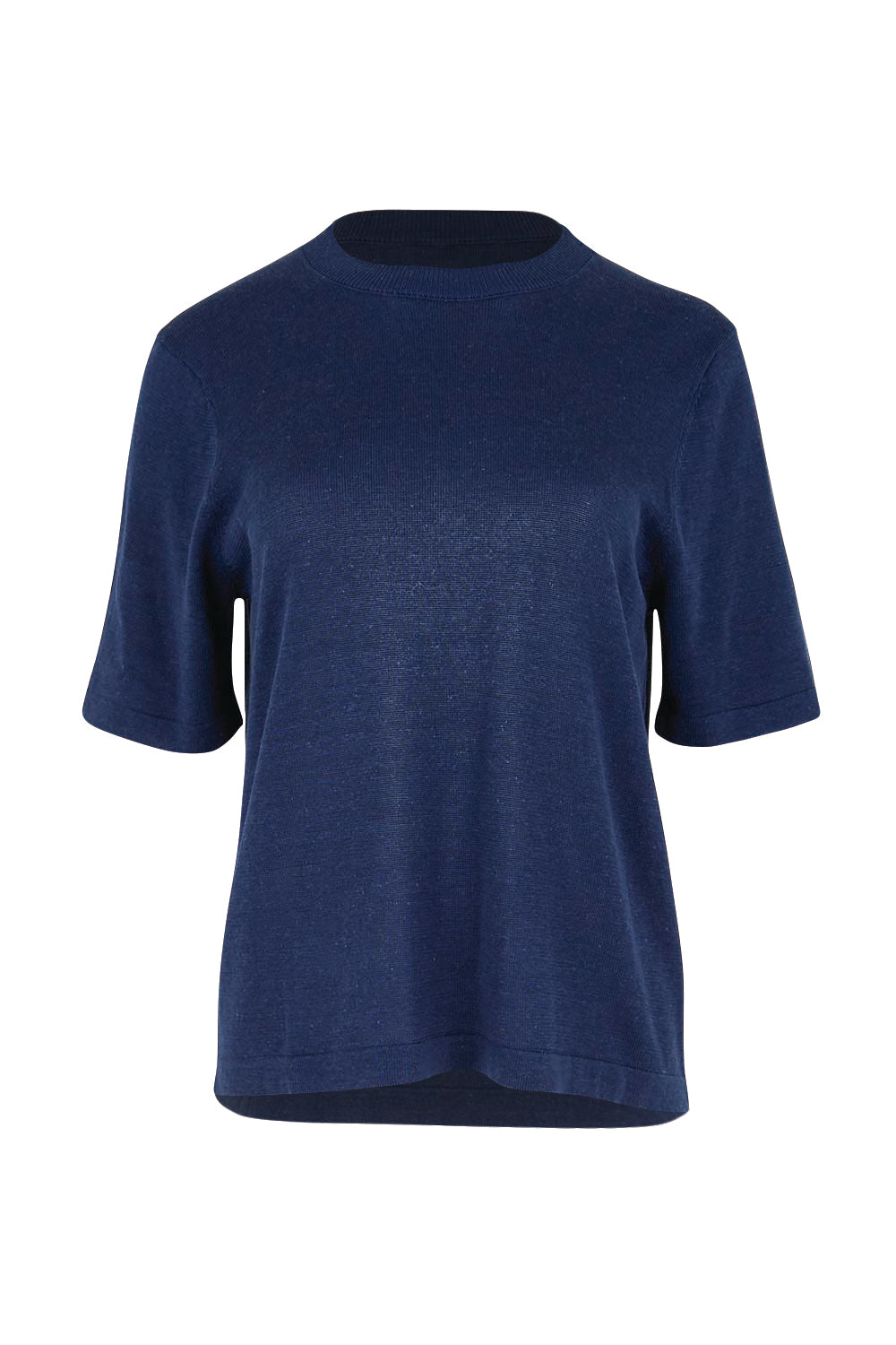 Product shot of the Linen Lyocell Textured Knit Tee – Blue in colour Blue, from the front