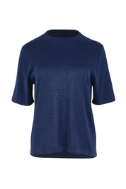 Product shot of the Linen Lyocell Textured Knit Tee – Blue in colour Blue, from the front