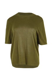 Product shot of the Linen Lyocell Textured Knit Tee – Green in colour Green, from the front