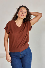 Model Tahneei wearing size 10 of the Cotton Cashmere Relaxed Knit – Caramel in colour Caramel, in a cropped view