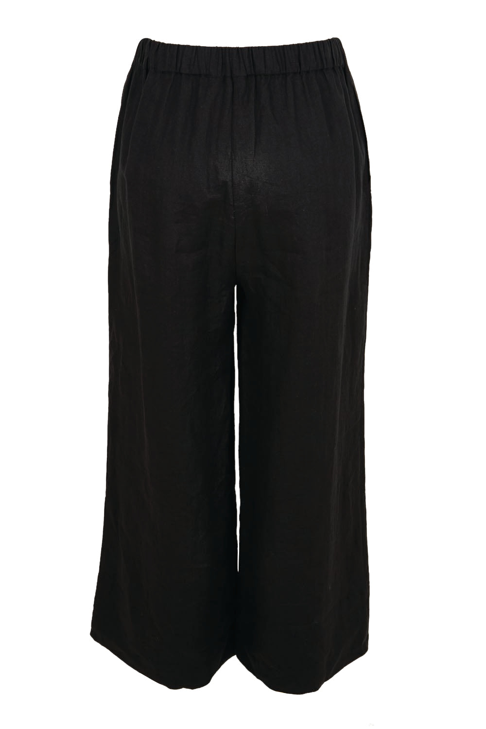 Product shot of the Linen Cropped Drawstring Pant – Black in colour Black, from the back