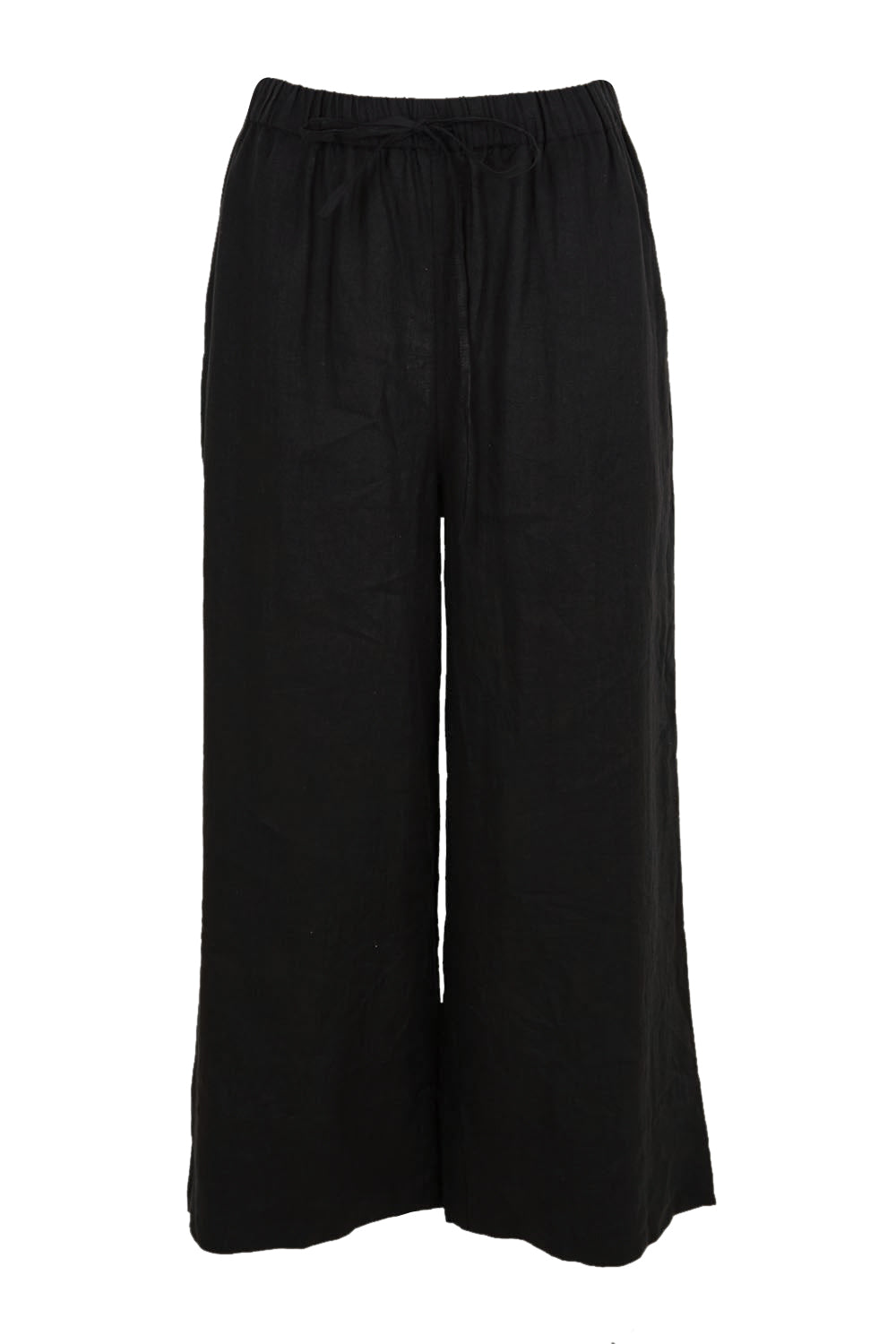 Product shot of the Linen Cropped Drawstring Pant – Black in colour Black, from the front