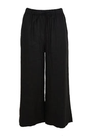 Product shot of the Linen Cropped Drawstring Pant – Black in colour Black, from the front